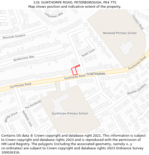 119, GUNTHORPE ROAD, PETERBOROUGH, PE4 7TS: Location map and indicative extent of plot