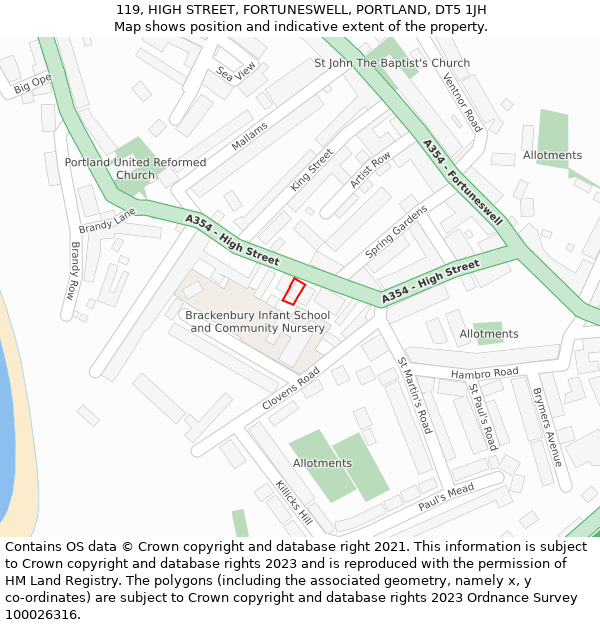 119, HIGH STREET, FORTUNESWELL, PORTLAND, DT5 1JH: Location map and indicative extent of plot