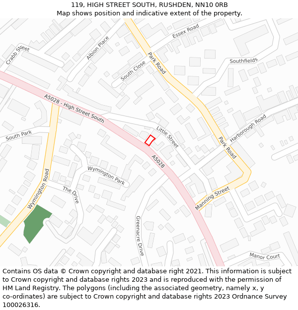 119, HIGH STREET SOUTH, RUSHDEN, NN10 0RB: Location map and indicative extent of plot