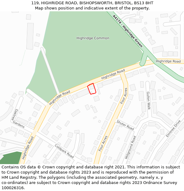 119, HIGHRIDGE ROAD, BISHOPSWORTH, BRISTOL, BS13 8HT: Location map and indicative extent of plot