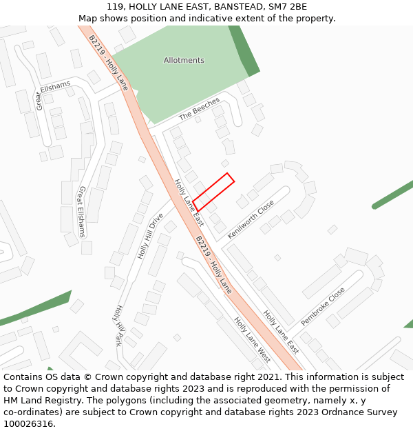 119, HOLLY LANE EAST, BANSTEAD, SM7 2BE: Location map and indicative extent of plot