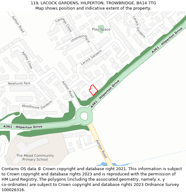 119, LACOCK GARDENS, HILPERTON, TROWBRIDGE, BA14 7TG: Location map and indicative extent of plot