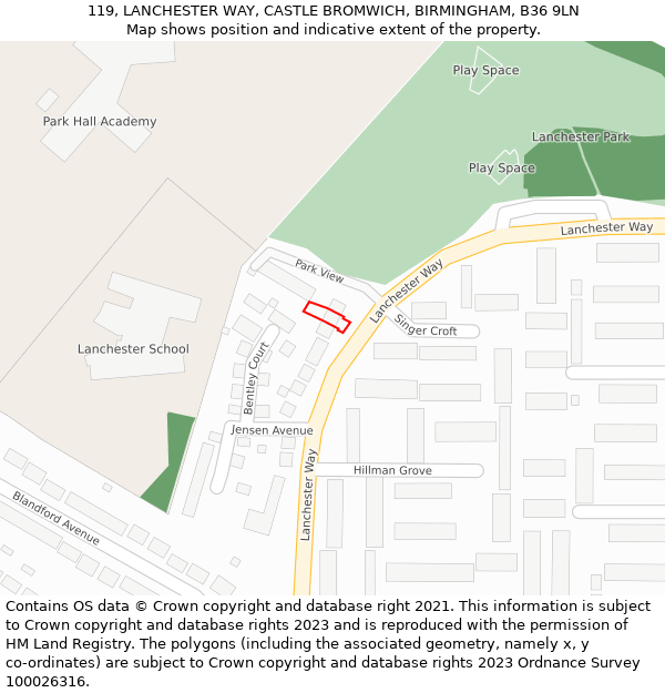 119, LANCHESTER WAY, CASTLE BROMWICH, BIRMINGHAM, B36 9LN: Location map and indicative extent of plot
