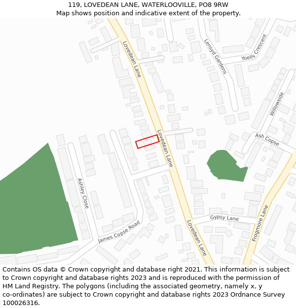 119, LOVEDEAN LANE, WATERLOOVILLE, PO8 9RW: Location map and indicative extent of plot