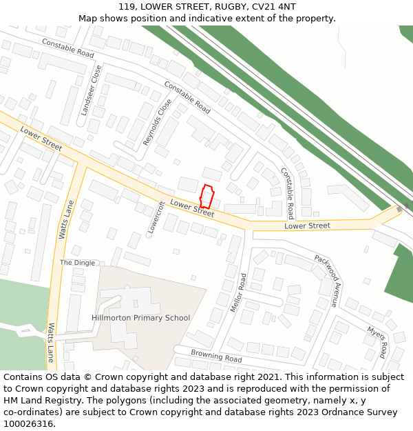 119, LOWER STREET, RUGBY, CV21 4NT: Location map and indicative extent of plot