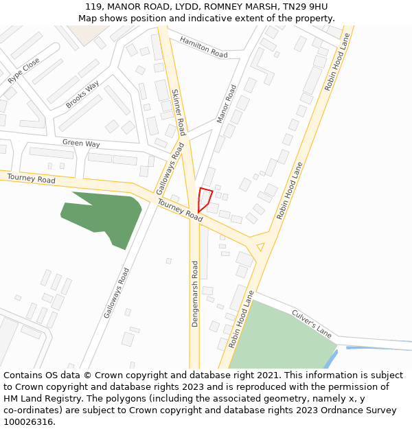 119, MANOR ROAD, LYDD, ROMNEY MARSH, TN29 9HU: Location map and indicative extent of plot