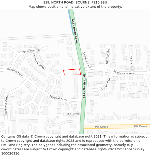 119, NORTH ROAD, BOURNE, PE10 9BU: Location map and indicative extent of plot