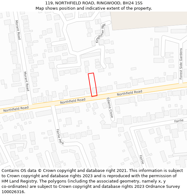 119, NORTHFIELD ROAD, RINGWOOD, BH24 1SS: Location map and indicative extent of plot