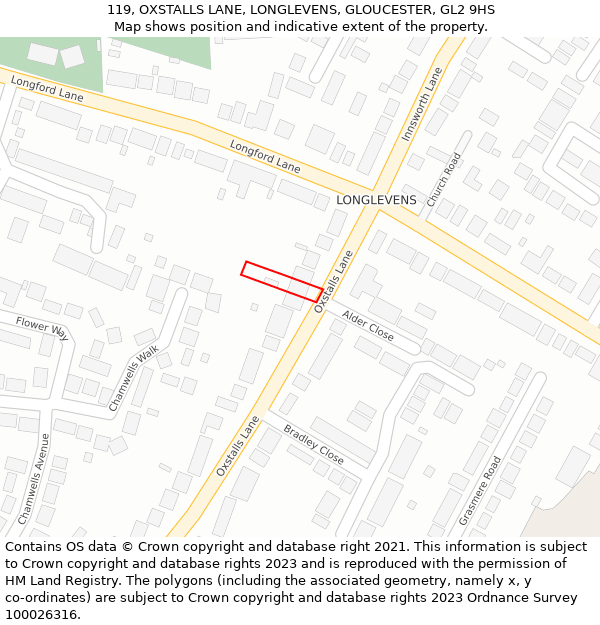 119, OXSTALLS LANE, LONGLEVENS, GLOUCESTER, GL2 9HS: Location map and indicative extent of plot