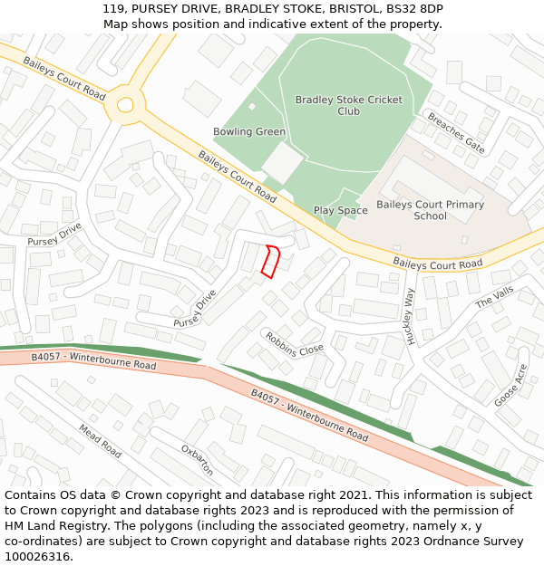 119, PURSEY DRIVE, BRADLEY STOKE, BRISTOL, BS32 8DP: Location map and indicative extent of plot