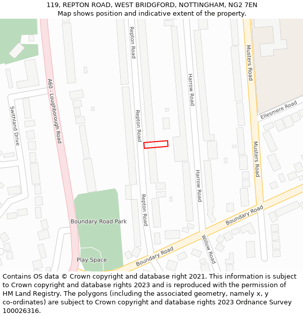 119, REPTON ROAD, WEST BRIDGFORD, NOTTINGHAM, NG2 7EN: Location map and indicative extent of plot