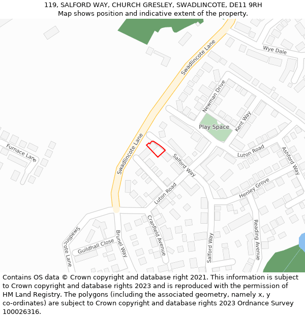 119, SALFORD WAY, CHURCH GRESLEY, SWADLINCOTE, DE11 9RH: Location map and indicative extent of plot