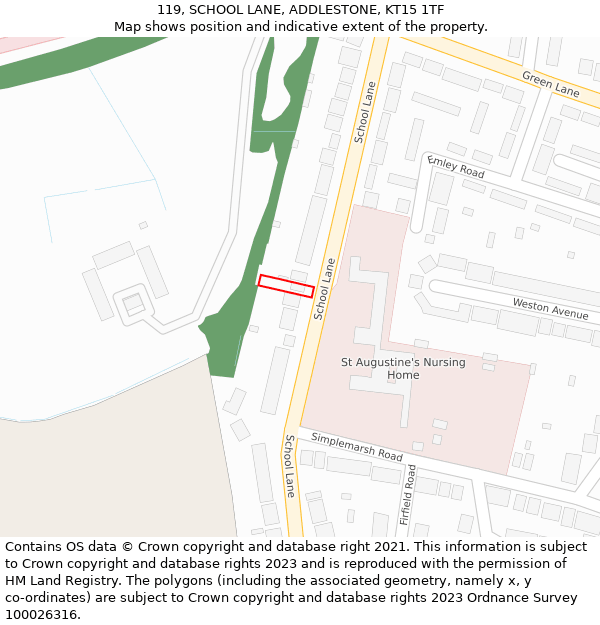 119, SCHOOL LANE, ADDLESTONE, KT15 1TF: Location map and indicative extent of plot