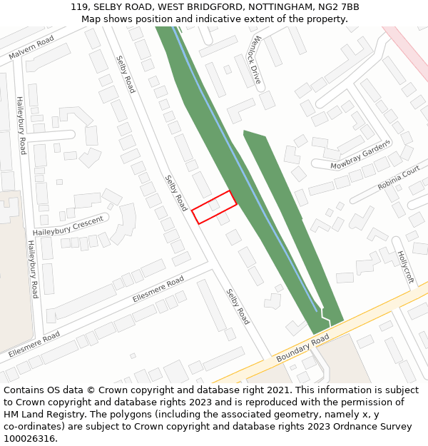 119, SELBY ROAD, WEST BRIDGFORD, NOTTINGHAM, NG2 7BB: Location map and indicative extent of plot