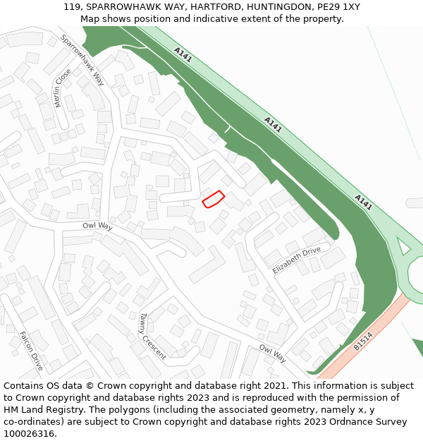 119, SPARROWHAWK WAY, HARTFORD, HUNTINGDON, PE29 1XY: Location map and indicative extent of plot