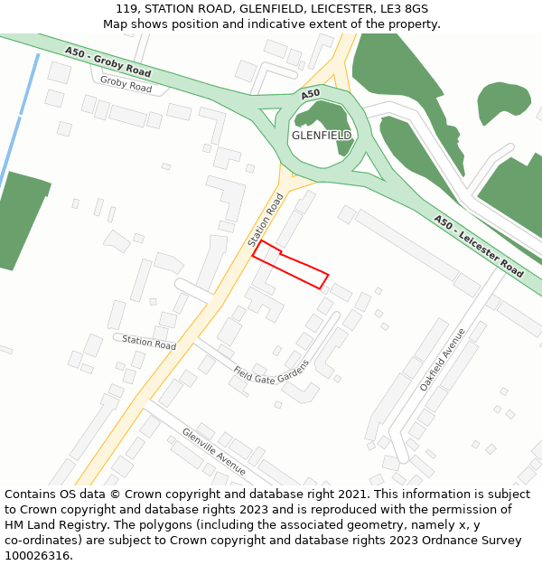119, STATION ROAD, GLENFIELD, LEICESTER, LE3 8GS: Location map and indicative extent of plot