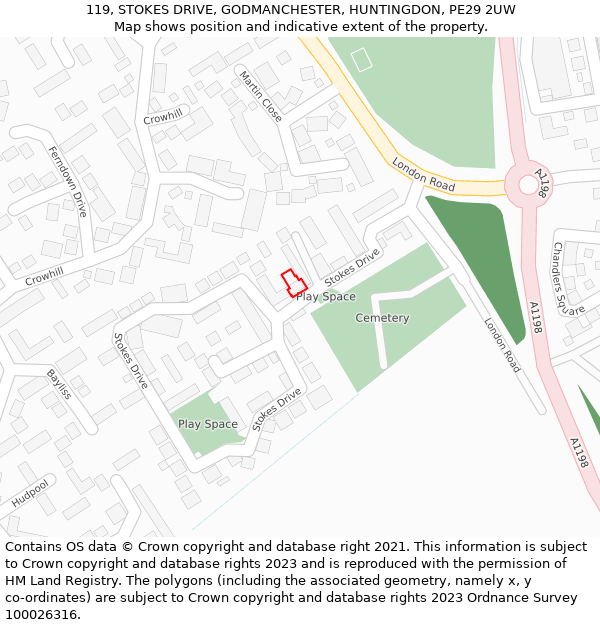 119, STOKES DRIVE, GODMANCHESTER, HUNTINGDON, PE29 2UW: Location map and indicative extent of plot