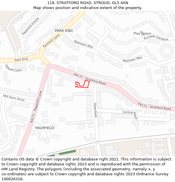 119, STRATFORD ROAD, STROUD, GL5 4AN: Location map and indicative extent of plot