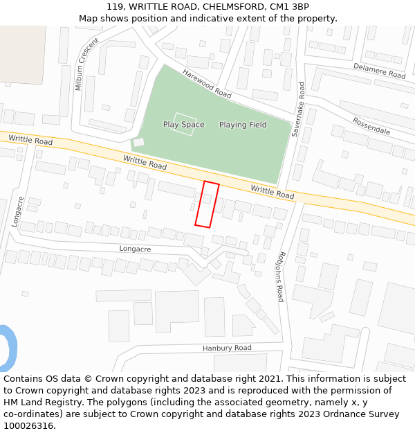 119, WRITTLE ROAD, CHELMSFORD, CM1 3BP: Location map and indicative extent of plot