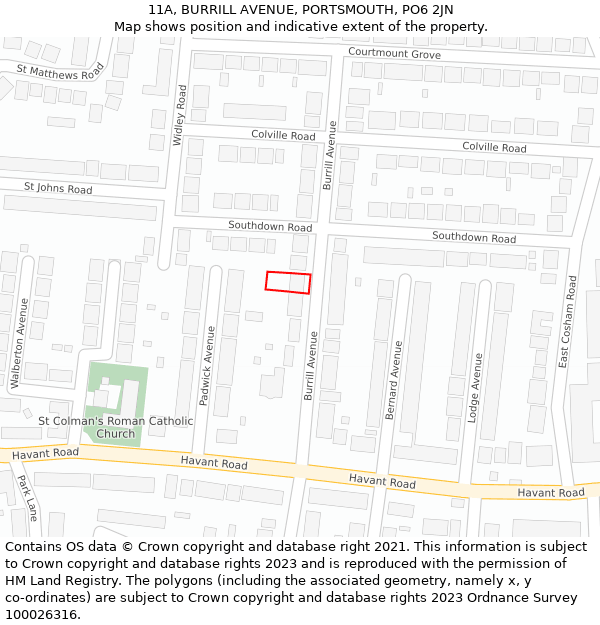 11A, BURRILL AVENUE, PORTSMOUTH, PO6 2JN: Location map and indicative extent of plot
