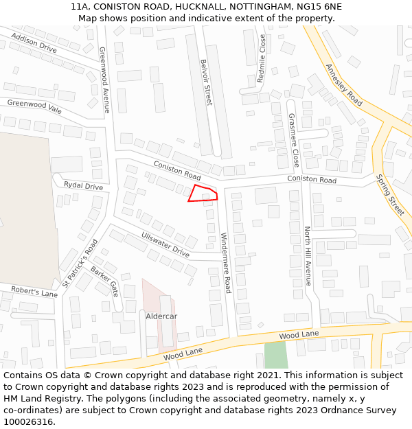 11A, CONISTON ROAD, HUCKNALL, NOTTINGHAM, NG15 6NE: Location map and indicative extent of plot