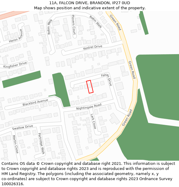 11A, FALCON DRIVE, BRANDON, IP27 0UD: Location map and indicative extent of plot