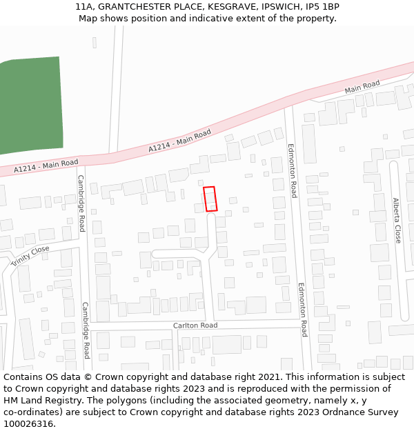 11A, GRANTCHESTER PLACE, KESGRAVE, IPSWICH, IP5 1BP: Location map and indicative extent of plot