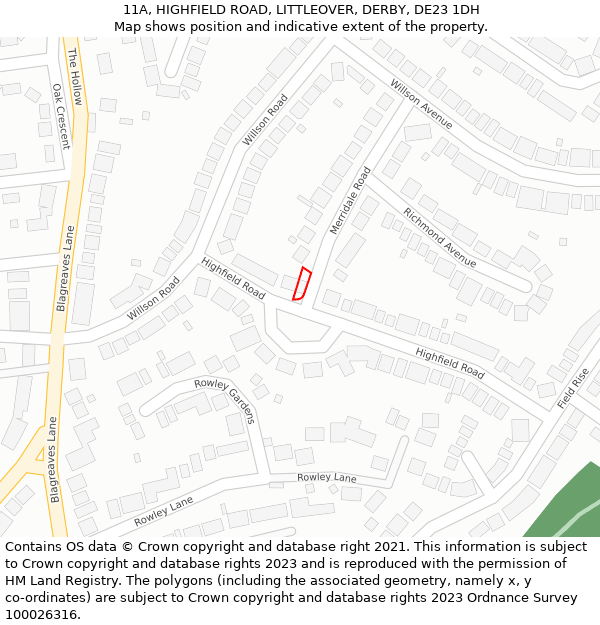 11A, HIGHFIELD ROAD, LITTLEOVER, DERBY, DE23 1DH: Location map and indicative extent of plot