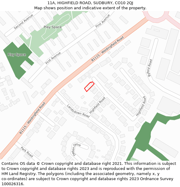 11A, HIGHFIELD ROAD, SUDBURY, CO10 2QJ: Location map and indicative extent of plot