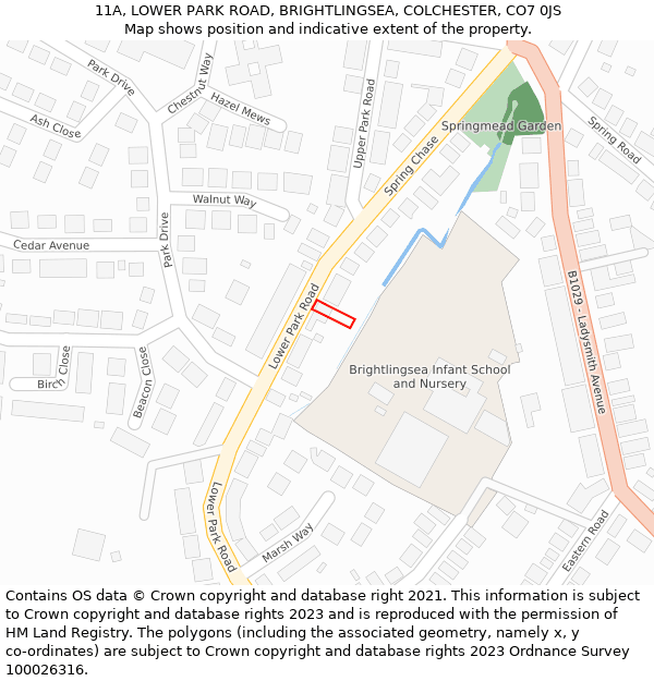 11A, LOWER PARK ROAD, BRIGHTLINGSEA, COLCHESTER, CO7 0JS: Location map and indicative extent of plot