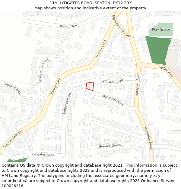 11A, LYDGATES ROAD, SEATON, EX12 2BX: Location map and indicative extent of plot