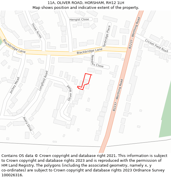 11A, OLIVER ROAD, HORSHAM, RH12 1LH: Location map and indicative extent of plot