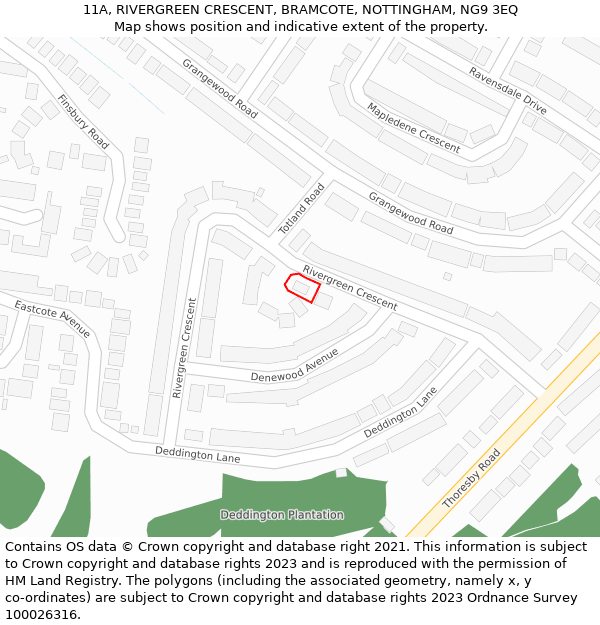 11A, RIVERGREEN CRESCENT, BRAMCOTE, NOTTINGHAM, NG9 3EQ: Location map and indicative extent of plot