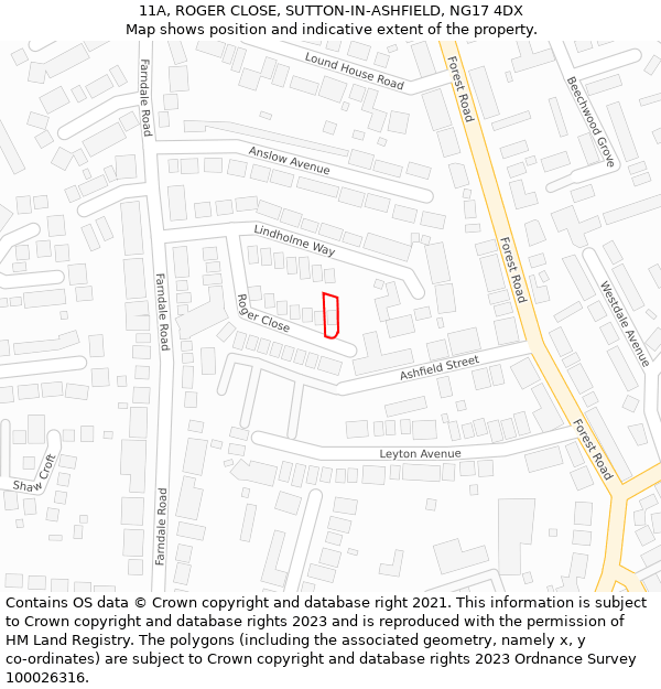 11A, ROGER CLOSE, SUTTON-IN-ASHFIELD, NG17 4DX: Location map and indicative extent of plot