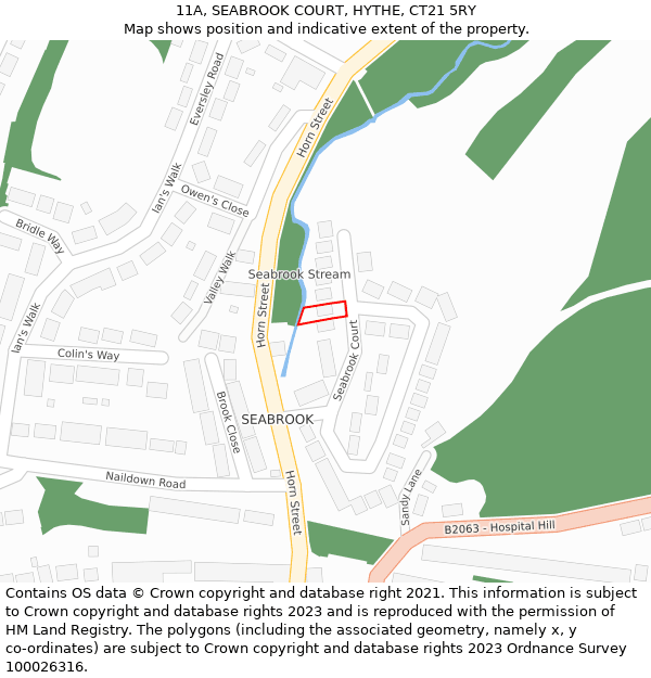 11A, SEABROOK COURT, HYTHE, CT21 5RY: Location map and indicative extent of plot