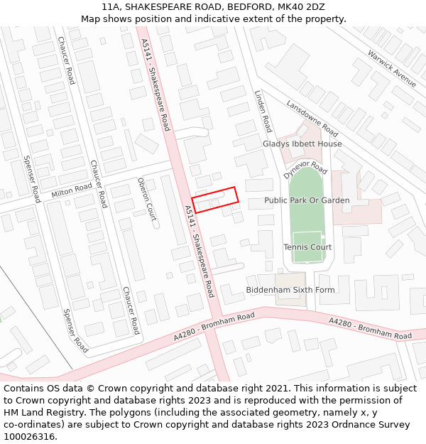 11A, SHAKESPEARE ROAD, BEDFORD, MK40 2DZ: Location map and indicative extent of plot