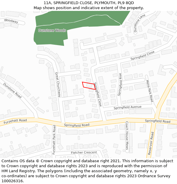 11A, SPRINGFIELD CLOSE, PLYMOUTH, PL9 8QD: Location map and indicative extent of plot