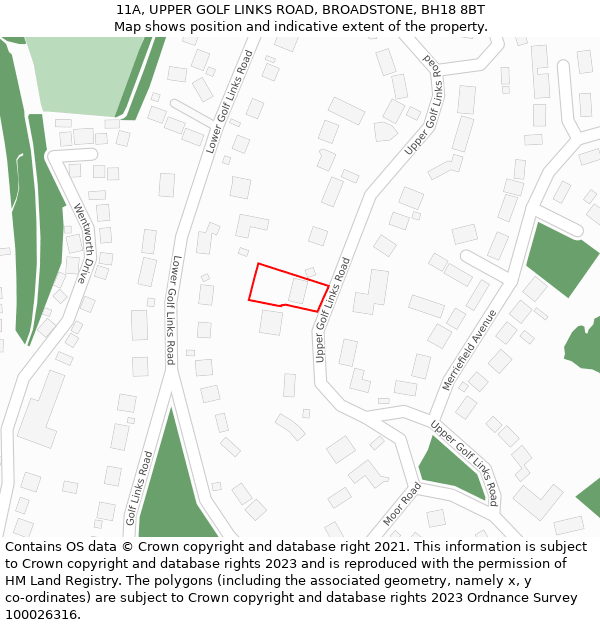 11A, UPPER GOLF LINKS ROAD, BROADSTONE, BH18 8BT: Location map and indicative extent of plot
