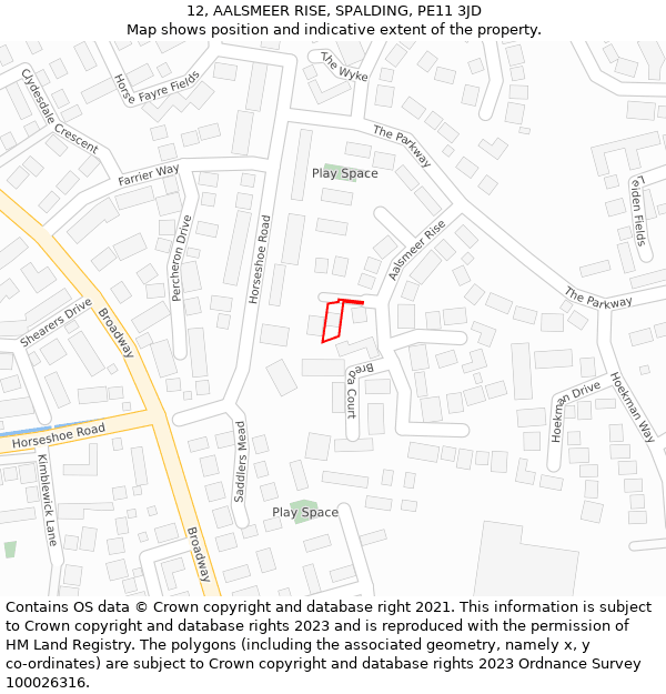 12, AALSMEER RISE, SPALDING, PE11 3JD: Location map and indicative extent of plot