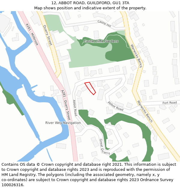 12, ABBOT ROAD, GUILDFORD, GU1 3TA: Location map and indicative extent of plot