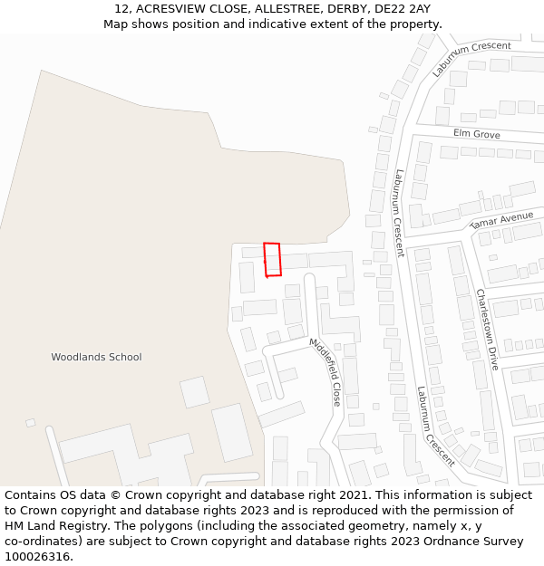12, ACRESVIEW CLOSE, ALLESTREE, DERBY, DE22 2AY: Location map and indicative extent of plot