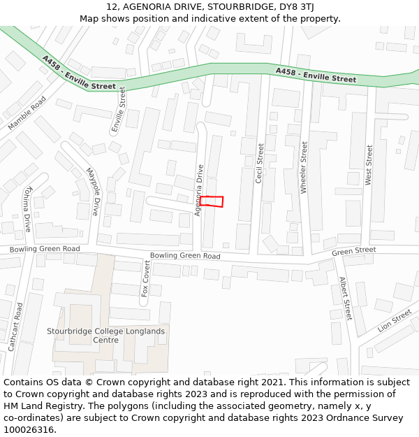 12, AGENORIA DRIVE, STOURBRIDGE, DY8 3TJ: Location map and indicative extent of plot