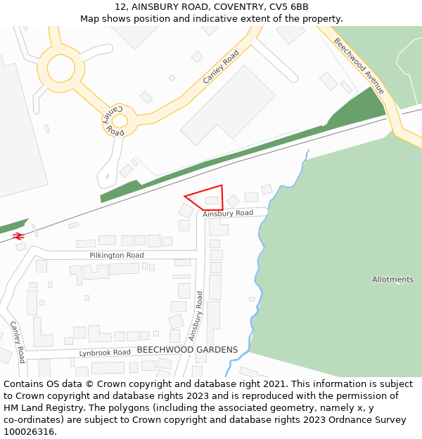 12, AINSBURY ROAD, COVENTRY, CV5 6BB: Location map and indicative extent of plot