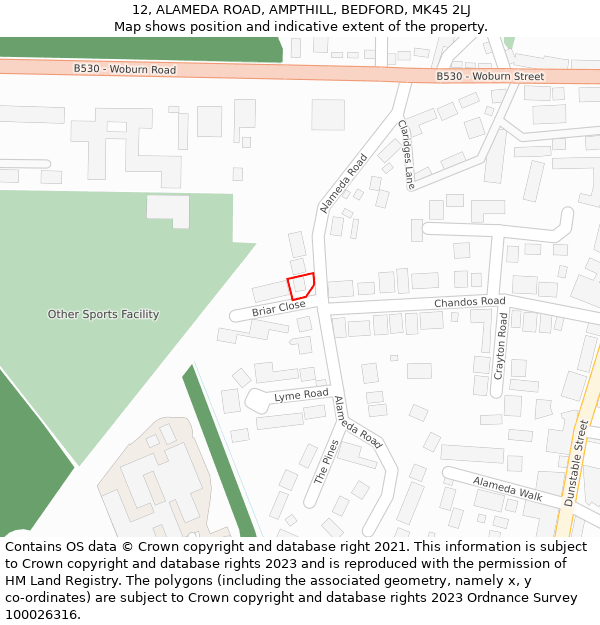 12, ALAMEDA ROAD, AMPTHILL, BEDFORD, MK45 2LJ: Location map and indicative extent of plot