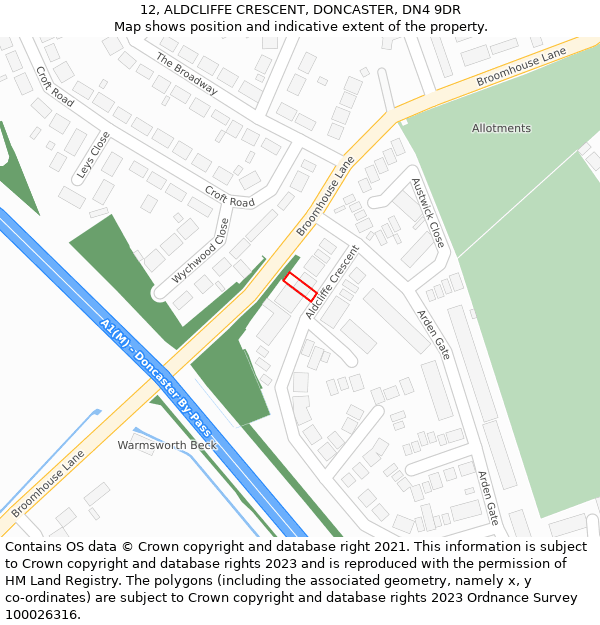 12, ALDCLIFFE CRESCENT, DONCASTER, DN4 9DR: Location map and indicative extent of plot