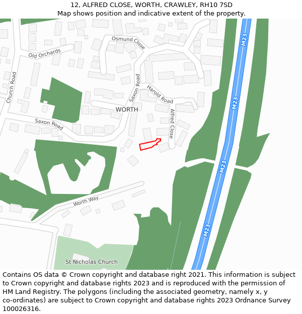 12, ALFRED CLOSE, WORTH, CRAWLEY, RH10 7SD: Location map and indicative extent of plot