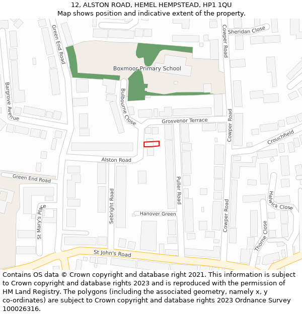 12, ALSTON ROAD, HEMEL HEMPSTEAD, HP1 1QU: Location map and indicative extent of plot