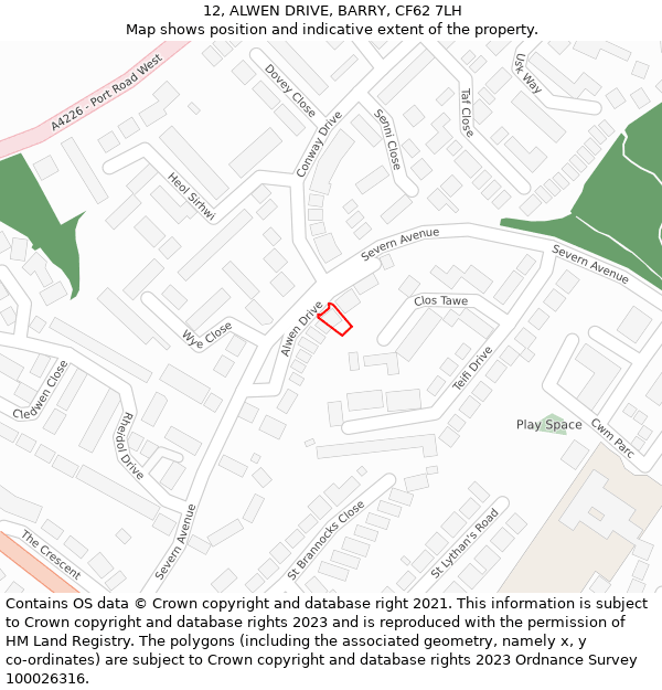 12, ALWEN DRIVE, BARRY, CF62 7LH: Location map and indicative extent of plot