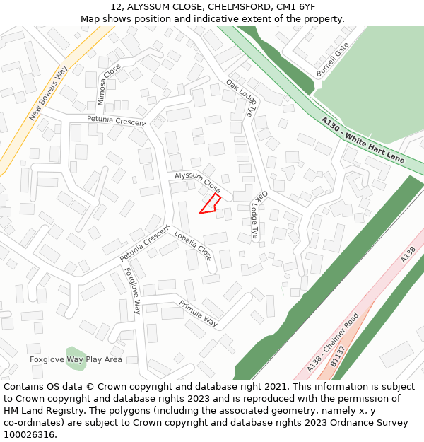 12, ALYSSUM CLOSE, CHELMSFORD, CM1 6YF: Location map and indicative extent of plot