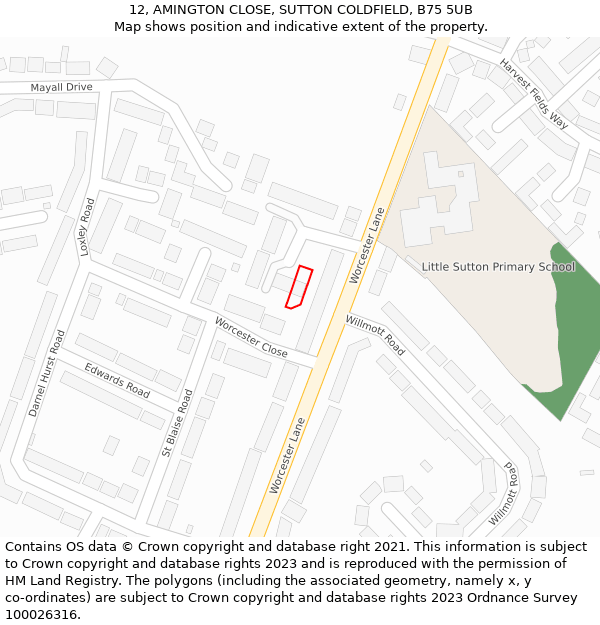12, AMINGTON CLOSE, SUTTON COLDFIELD, B75 5UB: Location map and indicative extent of plot
